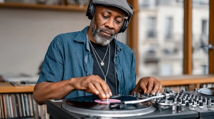 Man is playing a record player with a record on it. He is wearing a blue shirt and a hat
