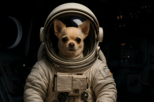 Chihuahua in an astronaut suit exploring the cosmos with a curious expression in a space setting Generative AI