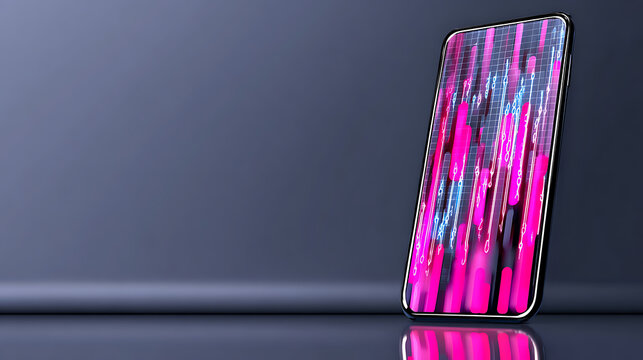 Smartphone with vibrant digital display showing abstract data patterns on a dark reflective surface