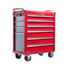 Red metal tool chest on wheels with multiple drawers for organizing tools and equipment. background removed