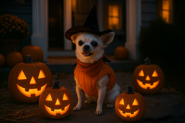 Charming dog in a witch hat sits among glowing pumpkins on a peaceful Halloween night Generative AI