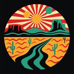 Retro Desert Landscape with Sunburst Sky A Southwestern Vista Featuring Cacti Mountains and a Winding Road in Vintage Style