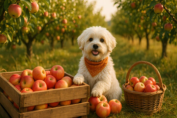 Cute dog in an apple orchard surrounded by fresh apples in baskets during a sunny afternoon in autumn Generative AI
