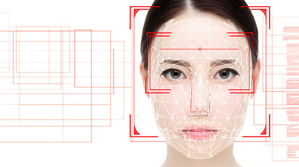 Facial recognition technology scanning a human face with digital overlay and geometric grid patterns