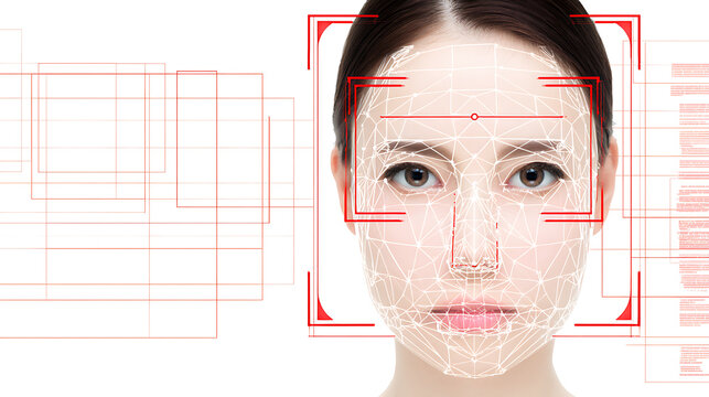 Facial recognition technology scanning a human face with digital overlay and geometric grid patterns