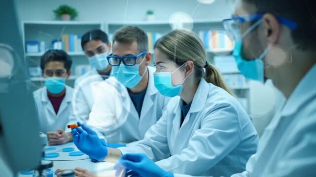 Team of microbiology scientists discussing about virus development in equipped laboratory using computer analysing test blood samples and develop vaccine, drugs and antibiotics against covid-19.