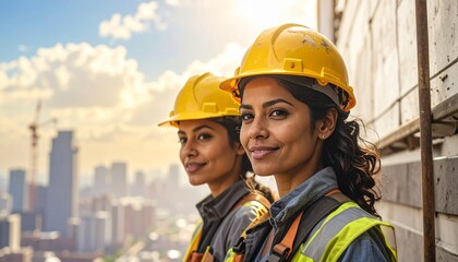 Two beautiful female construction workers at a construction site.