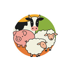 Cartoon farm animals including a cow pig and two sheep