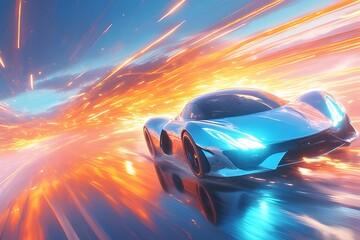 Fototapeta premium Futuristic car on a road near the sky at high speed