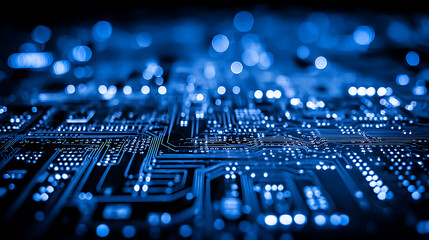Close-up view of a glowing blue circuit board with intricate electronic pathways and illuminated components