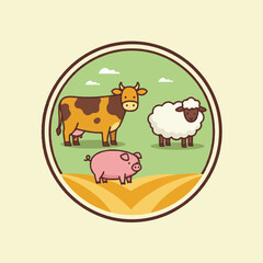 Cartoon farm animals cow sheep and pig in a circle