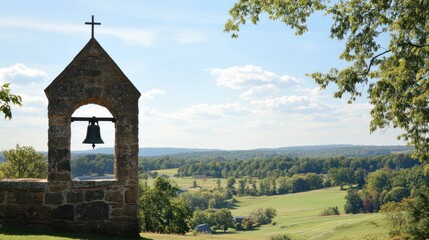 Obraz premium Serene Landscape View from a Stone Bell Tower