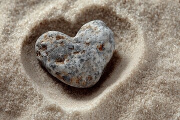 Heart-shaped stone nestled in fine sandy terrain represents the fusion of nature's artistry and emotion evoking sentiments of love connection and the intimate bond between earth and heart