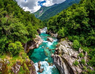 Scenic mountain river flowing through lush green valley