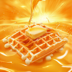 Waffle topped with syrup and butter creating a delicious golden breakfast scene