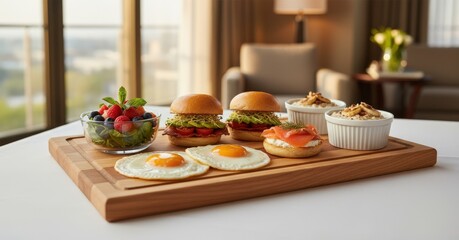 Fototapeta premium A luxurious breakfast spread featuring fruit salad, sandwiches, fried eggs, salmon bagel, and oatmeal on a wooden board