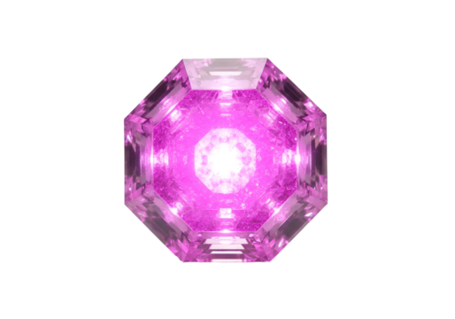 Radiant, octagonal gem glows with vibrant pink light against a stark black background.