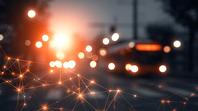 Urban street scene at dusk with glowing network overlay and blurred vehicle lights
