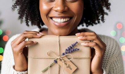 Joyful black woman holding gift with eco packaging