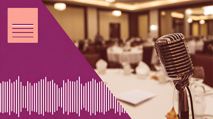 Vintage microphone on a table in a banquet hall with audio waveform and document icon overlay