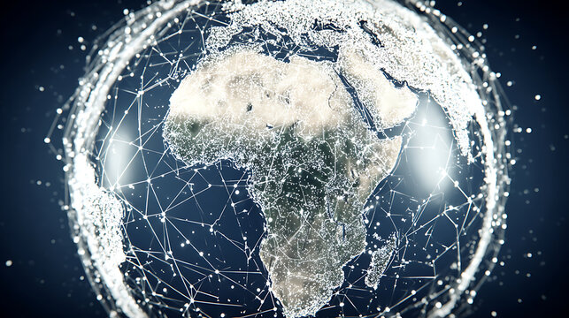 Digital network overlay on Earth globe highlighting Africa with interconnected nodes and glowing lines