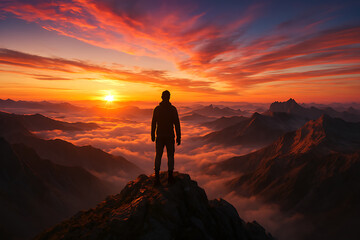Obraz premium silhouette of a man on the top of the mountain