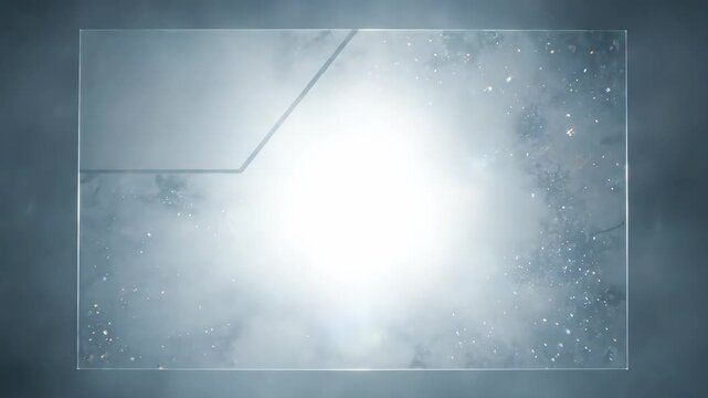 Frosted Plexiglass Sheet over Ethereal White and Misty Blue Background with Sparkling Particles and Light Flare