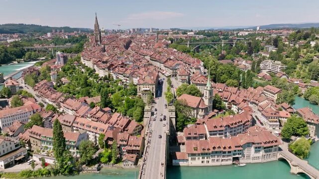 Aerial view of the old city of bern with the aare river, switzerland