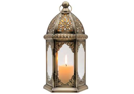 Ornate decorative lantern with intricate metalwork and warm candlelight, presented against a stark black background.