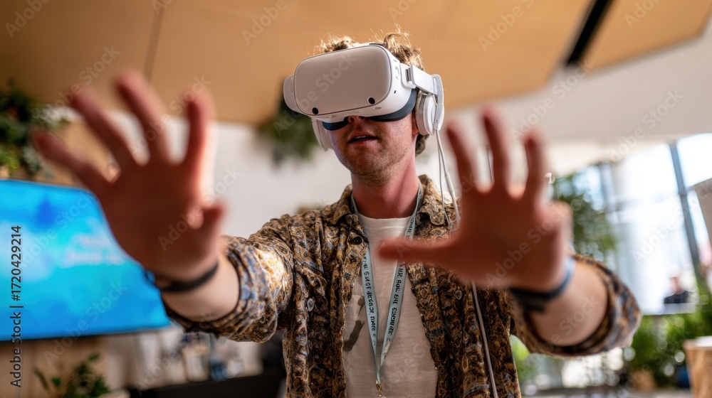 Poster dynamic medium shot of a participant immersed in a vr product tour emphasizing the clear vr headset 