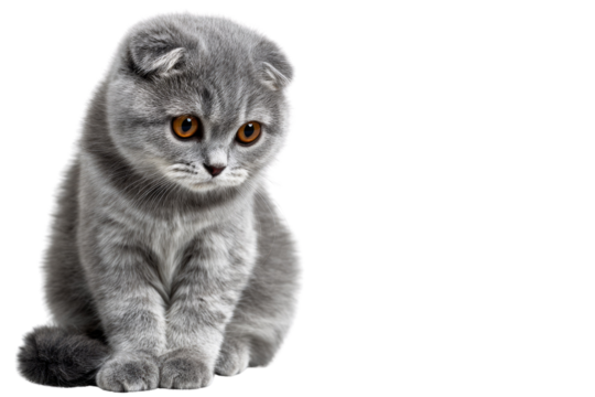 Adorable grey Scottish Fold kitten with captivating orange eyes, sitting against a transparent background. background removed