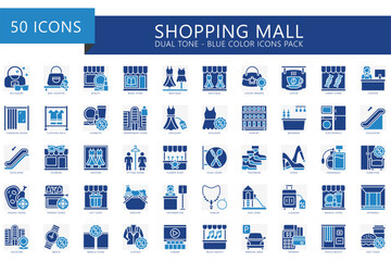 Shopping and Mall dual tone icons set. contain fashion, electronics, food court, shopping bag, food wear, grocery, payment, jewelry, Bar and more. Vector EPS 10 for UI, UX kit, web and app development