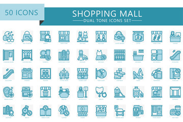 Shopping and Mall dual tone blue color icons set. contain fashion, electronics, food court, shopping bag, shoes, dress, grocery, jewelry and more. Vector EPS 10 for UI, UX kit, web, app development