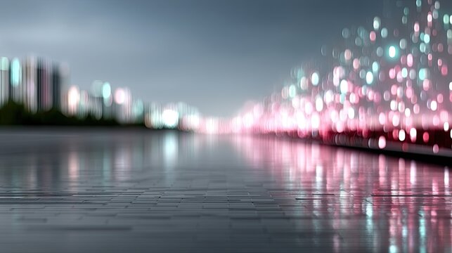 Abstract Futuristic Landscape with Glowing Code and Distant Cityscape in Blue and Pink - Powered by Adobe