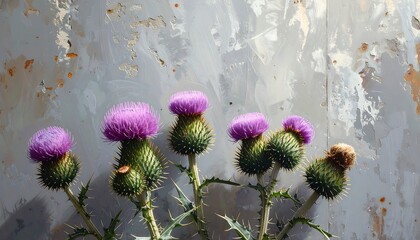 Purple thistles against a weathered backdrop