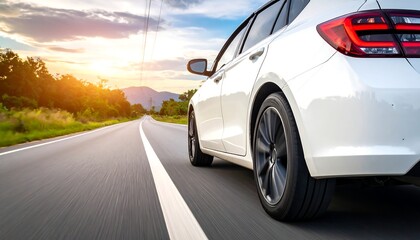 White car cruises down a curving asphalt road under a brilliant, sunlit sky. The vehicle's side is shown, with mountain landscape in the background