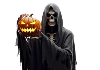 A skeletal figure, draped in a dark cloak, holds a glowing jack-o'-lantern against a stark black background.