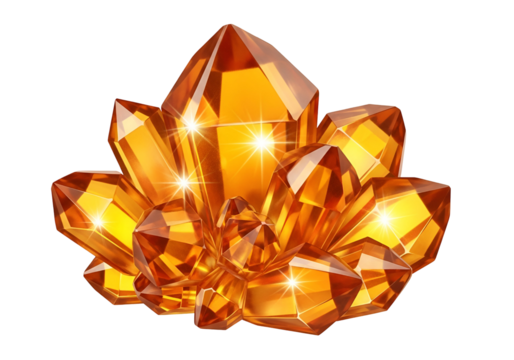 A cluster of multifaceted, amber-hued crystals shimmers against a stark black backdrop, radiating brilliance.