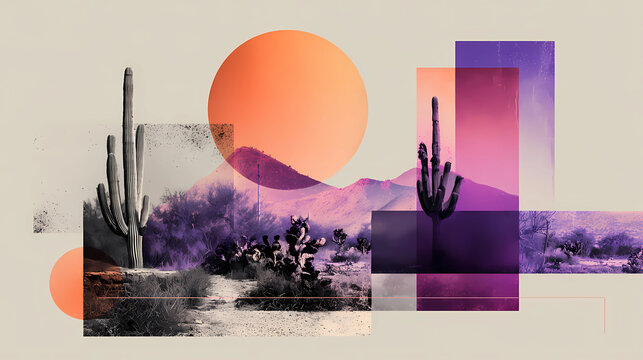 Abstract desert landscape with cactus and geometric shapes. This abstract artwork features a desert scene with a vibrant sunset, mountains, hills, cacti, all within geometric shapes. Huge orange sun.
