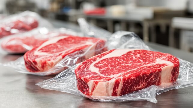 Medium shot of recyclable meat packaging material around premium beef with main focus on texture while the background kitchen setting remains out of focus showcasing sustainable