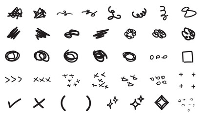 Hand-drawn doodle pack with various elements like scribbles, swirls, arrows, checkmarks, crosses, and sparkles. A set of sketch symbols and marks on a transparent background. Alpha channel.