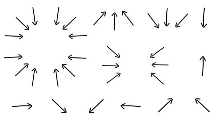 Pack of hand drawing doodle style arrows pointing various directions. Collection of sketch graphic elements like up, down, left, right pointers. Static image set on transparent background alpha.
