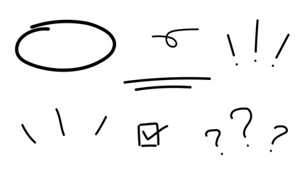 Doodle hand drawing pack with transparent background. Includes circle, underline, checkbox, question marks, exclamation marks, and swirl elements. Alpha channel image for easy integration.