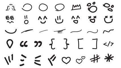 Doodle hand drawing pack with emoticons, faces, hearts, crown, punctuation, and other symbols. A collection of graphic elements as still images with a transparent background for easy use. Alpha.