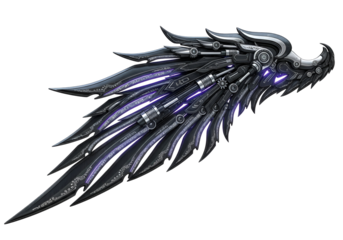A detailed, intricate wing design, featuring metallic dark gray and silver tones, highlighted with vibrant purple accents, showcasing a complex machinery motif on a black backdrop.