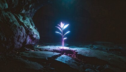 A solitary luminous plant flourishes in the deep darkness of a mysterious cave, casting a vibrant, ethereal glow that symbolizes resilience and hidden life