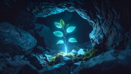 Luminous seedling growing in a dark cave, symbolizing hope and new beginnings in a mystical environment