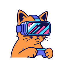 A cartoon orange cat wearing a futuristic VR headset and holding a game controller.