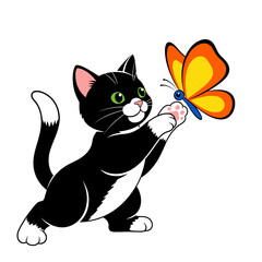 Adorable black and white cartoon kitten with green eyes playfully reaching for a vibrant orange and yellow butterfly.