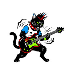 Black cat with punk mohawk and guitar rocking out.